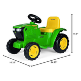 Green and yellow toy tractor with dimensions on a white background