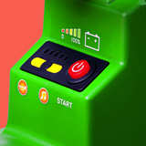 Green toy arcade machine with control panel on a red background