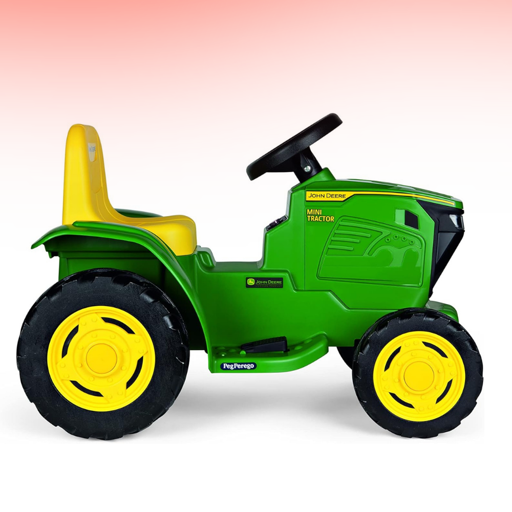 Toy tractor with yellow wheels on a gradient background