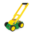 A John Deere toy push lawnmower with a bright yellow handle, green body, and black wheels with yellow centers, shown on a plain white background.