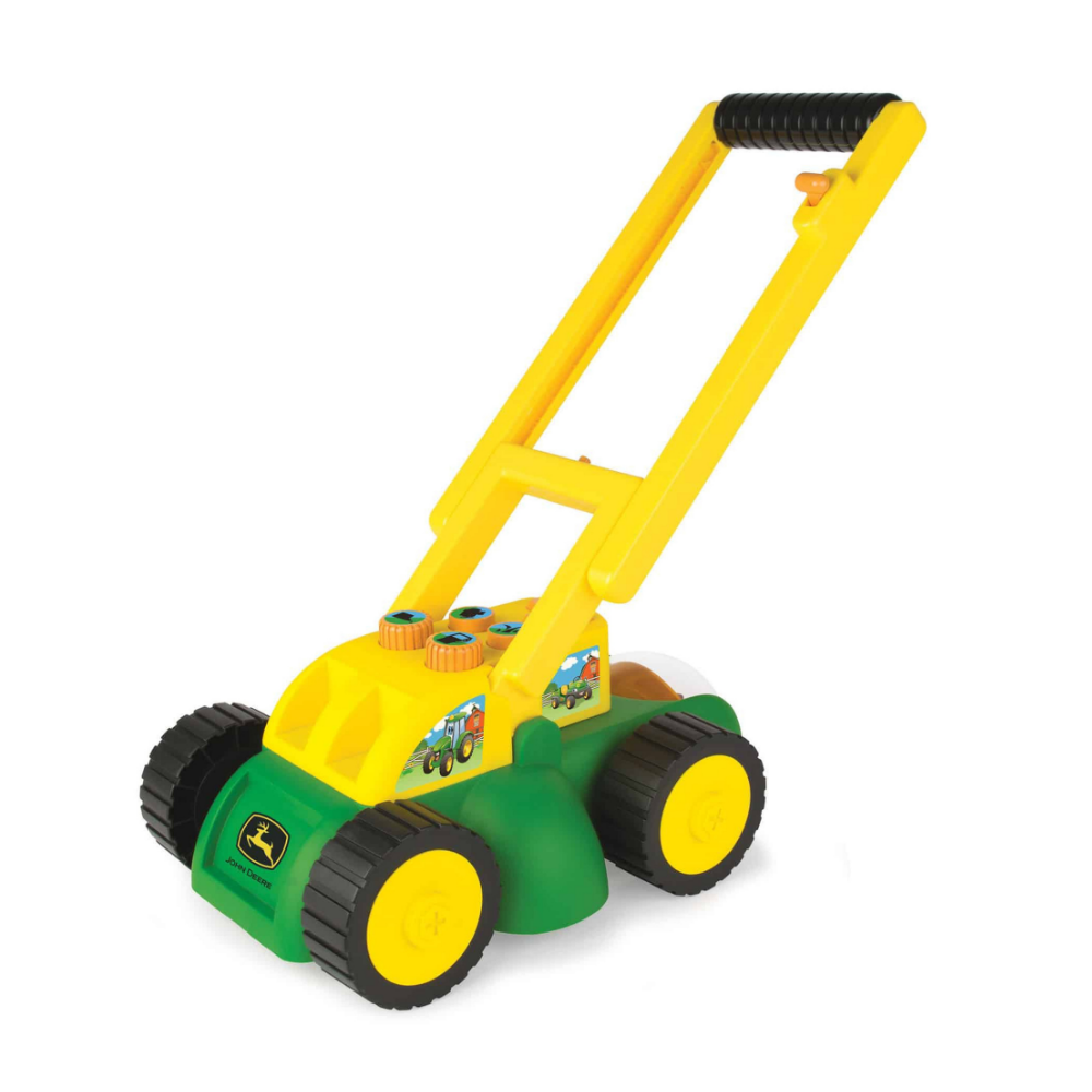 A John Deere toy push lawnmower with a bright yellow handle, green body, and black wheels with yellow centers, shown on a plain white background.