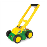 A John Deere toy push lawnmower with a bright yellow handle, green body, and black wheels with yellow centers, shown on a plain white background.