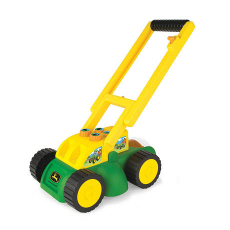 A John Deere toy push lawnmower with a bright yellow handle, green body, and black wheels with yellow centers, shown on a plain white background.