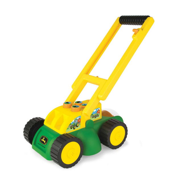 A John Deere toy push lawnmower with a bright yellow handle, green body, and black wheels with yellow centers, shown on a plain white background.
