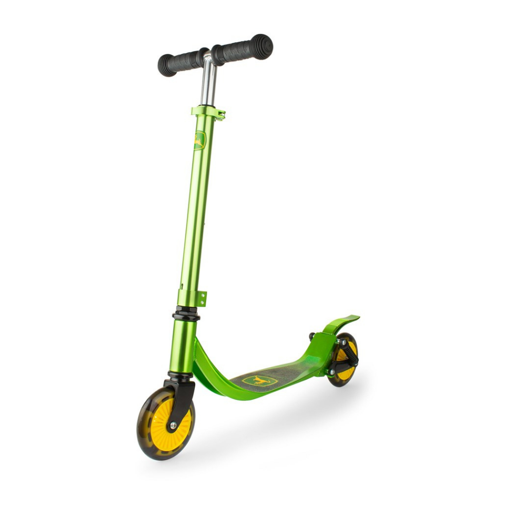 Green scooter with yellow wheels on a white background