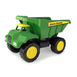 A green John Deere toy dump truck with yellow wheels and a yellow side logo, shown on a clean white background.