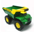A green and yellow John Deere toy dump truck with black tires, shown on a plain white background.