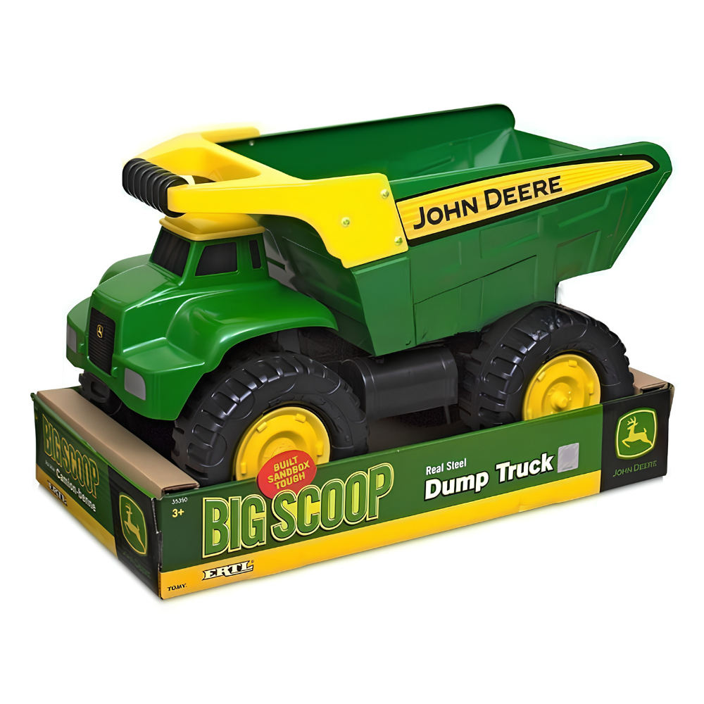 John Deere Big Scoop toy dump truck in green and yellow, shown partially inside its retail box on a white background.
