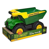 John Deere Big Scoop toy dump truck in green and yellow, shown partially inside its retail box on a white background.