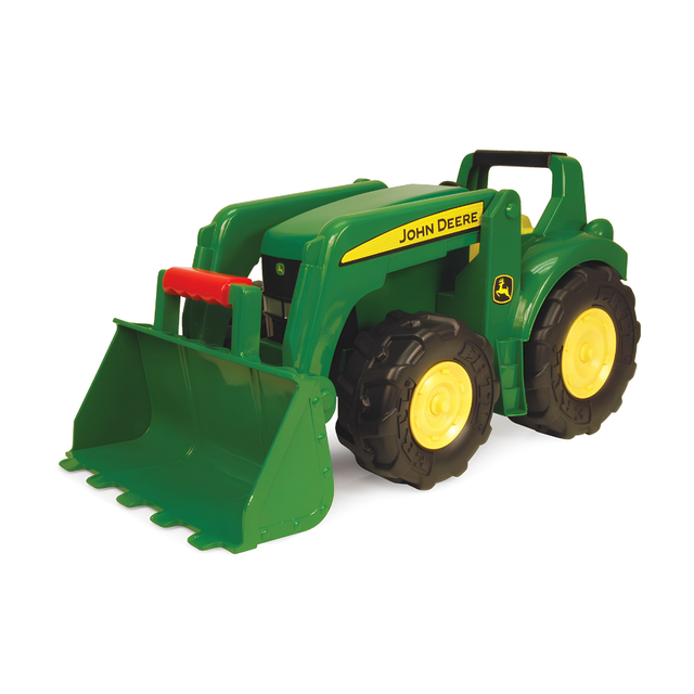 A green John Deere toy tractor with a front loader bucket, featuring yellow wheels and a yellow John Deere logo on the side, set against a plain white background.