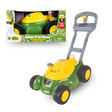 A green and yellow plastic toy lawnmower with a gray handle, shown alongside its retail packaging box. The packaging features the brand name 'K&H Toys' and the product name 'Bubble N' Go mower'.