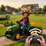 A child wearing a cowboy hat sits in a green and yellow remote-controlled toy tractor in a backyard, with an adult's hands holding a black wireless remote control in the foreground. A white wireless signal graphic is overlaid on the tractor.
