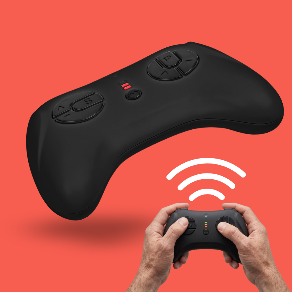 A black wireless game controller floating above a person's hands holding a smaller matching controller, with a white wireless signal graphic between them, on a solid red-orange background.