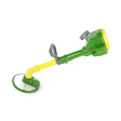 A green and yellow toy string trimmer with a gray handle and clear circular blade guard, shown on a plain white background.