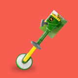 A toy metal detector with a green handle, yellow shaft, and green circular base, shown on a solid coral-red background. The handle features the John Deere logo.