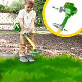 A young boy wearing a beige shirt and khaki pants is shown outdoors holding a green and yellow toy brush cutter. There is a circular inset at the top right showing a close-up of the toy engine attachment with green arrows indicating movement.