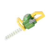 A green and yellow cordless hedge trimmer with a clear blade covered in white LED lights, shown on a plain white background.