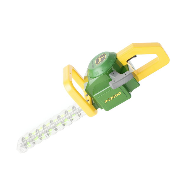 A green and yellow cordless hedge trimmer with a clear blade covered in white LED lights, shown on a plain white background.