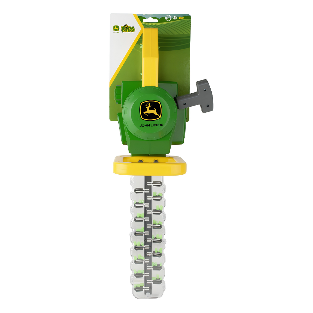 John Deere toy hedge trimmer in green and yellow packaging, featuring the green John Deere logo and a gray handle, on a white background.