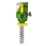 John Deere toy hedge trimmer in green and yellow packaging, featuring the green John Deere logo and a gray handle, on a white background.