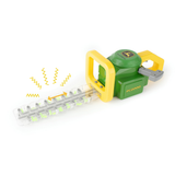 A green and yellow John Deere toy hedge trimmer with a clear blade, shown on a white background with yellow graphic wave lines indicating vibration.