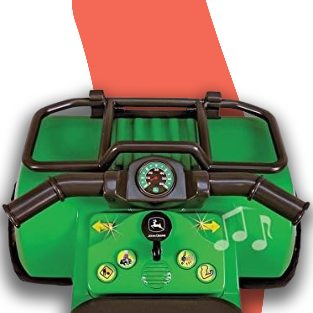 A close-up of the John Deere Buck ATV's dashboard, featuring black handlebars, a speedometer sticker, and several interactive buttons with icons, including musical notes and directional arrows.