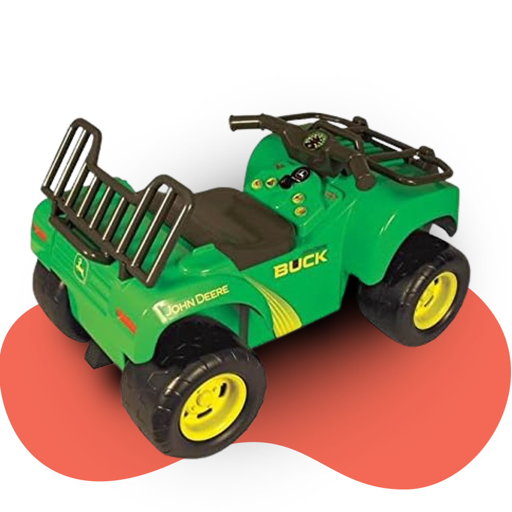 A rear-angle view of the John Deere Buck ATV ride-on toy, showing its black seat, sturdy green plastic body, black handlebars, and yellow wheels, set against a white background with a red curved design.