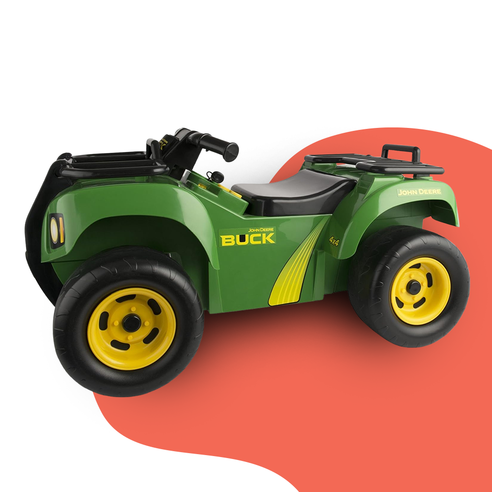 A green and yellow John Deere Buck ATV ride-on toy with a sturdy plastic design, black handlebars, and realistic details, set against a white background with a red curved design.