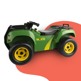 A green and yellow John Deere Buck ATV ride-on toy with a sturdy plastic design, black handlebars, and realistic details, set against a white background with a red curved design.