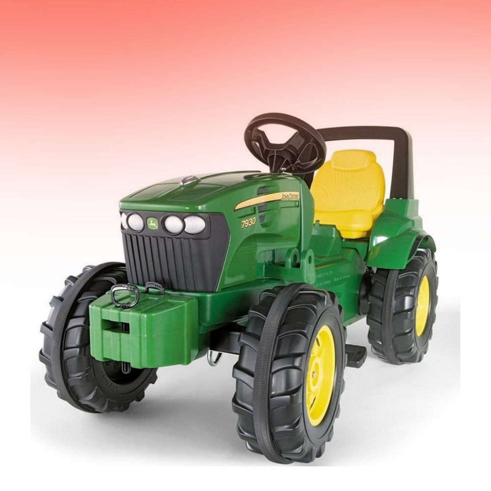 Toy tractor with green body and yellow accents on a white background