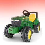 Toy tractor with green body and yellow accents on a white background