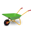 Green wheelbarrow with yellow frame and red handles on a white background
