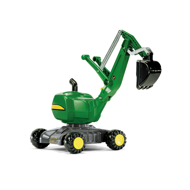 Toy excavator with green body and black tracks on a white background