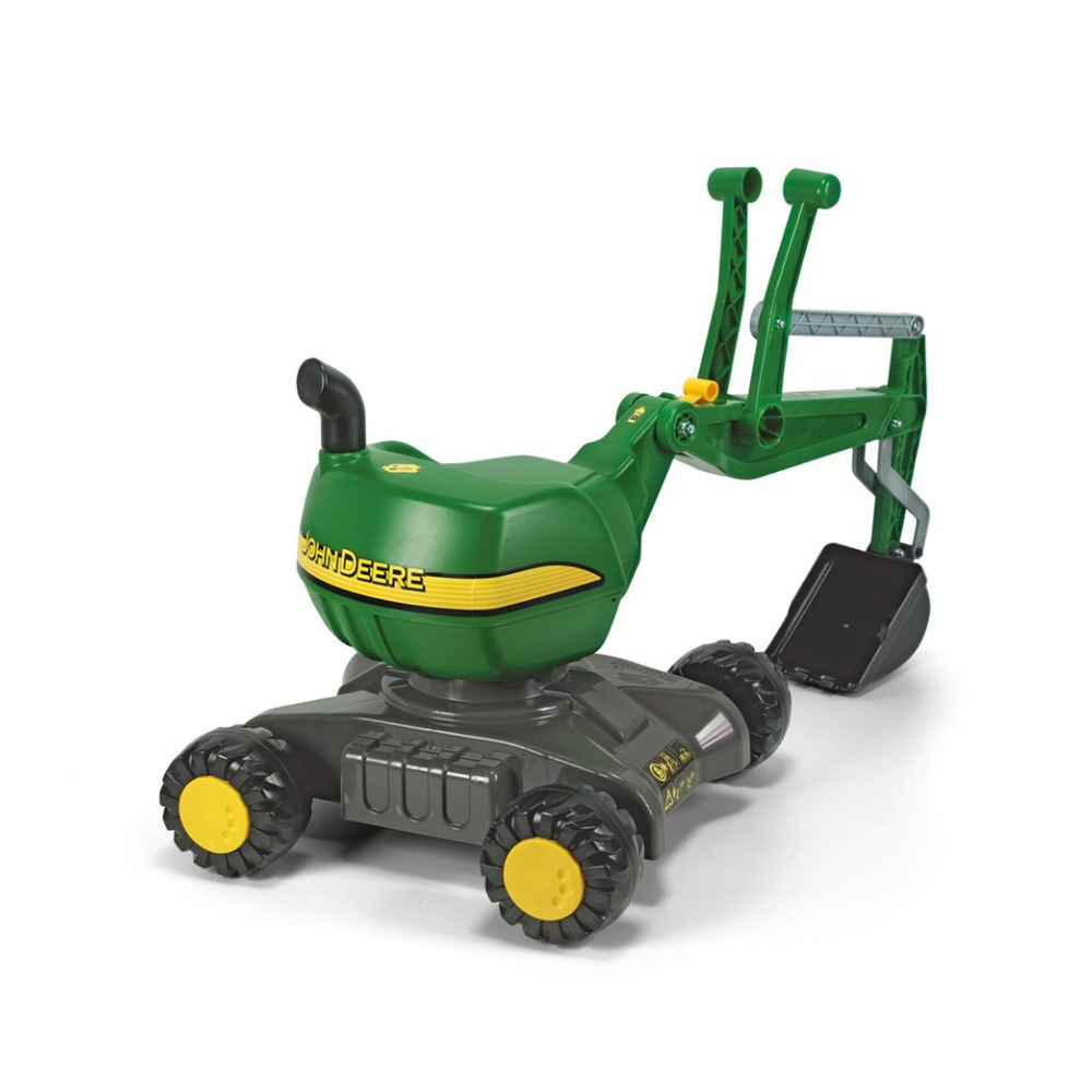 Toy tractor with front loader attachment on a white background