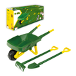 John Deere toy garden tool set including a green and yellow plastic wheelbarrow, shovel, and rake, displayed with its original packaging box on a white background.