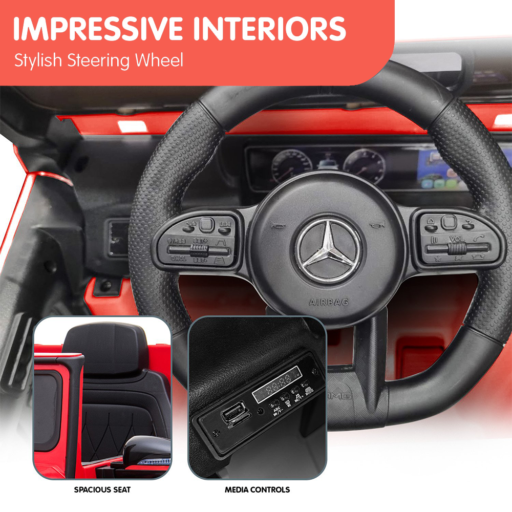 steering wheel of the Kahuna 12v Licensed Mercedes Benz AMG G63 Kids Electric Ride On with Remote - Red