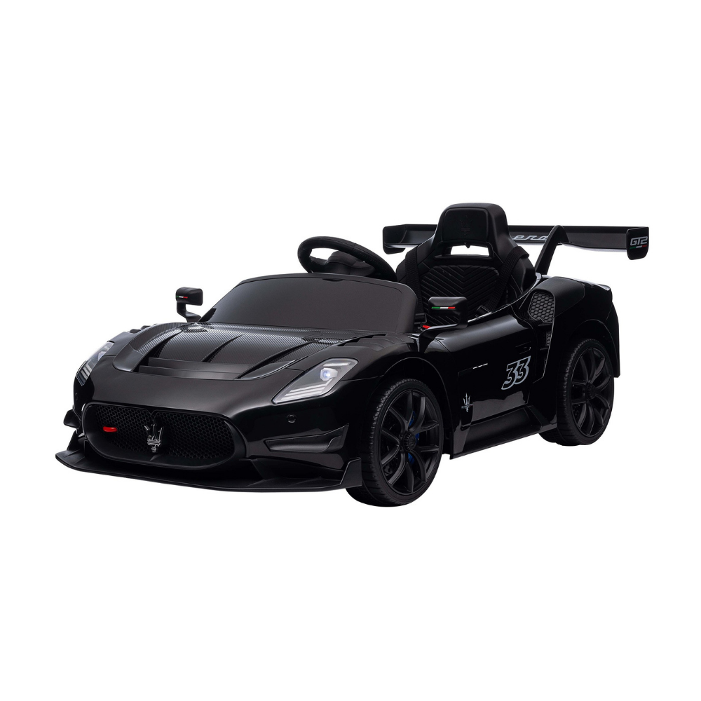 A black Maserati-themed kids' ride-on toy car with a racing-inspired design, featuring a large rear wing, black wheels, and a racing number 35 on the side, shown against a plain white background.