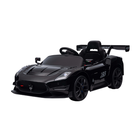 A black Maserati-themed kids' ride-on toy car with a racing-inspired design, featuring a large rear wing, black wheels, and a racing number 35 on the side, shown against a plain white background.
