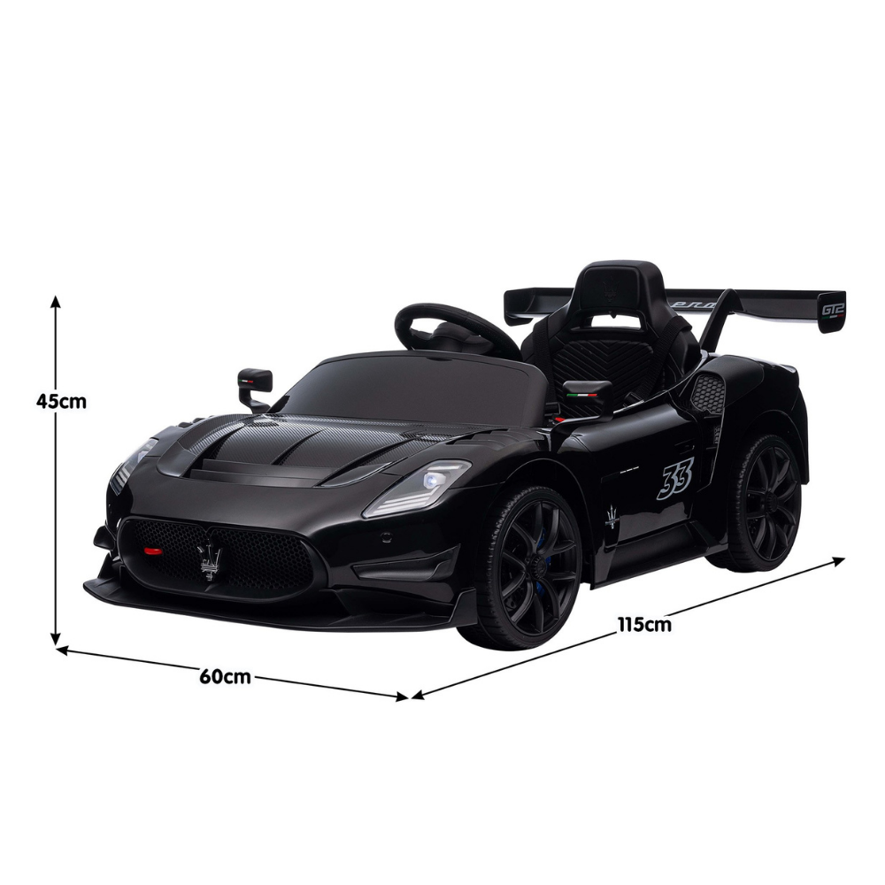 Black Maserati-style children's ride-on toy car with dimension arrows showing width 60cm, length 115cm, and height 45cm on a white background.