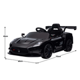 Black Maserati-style children's ride-on toy car with dimension arrows showing width 60cm, length 115cm, and height 45cm on a white background.