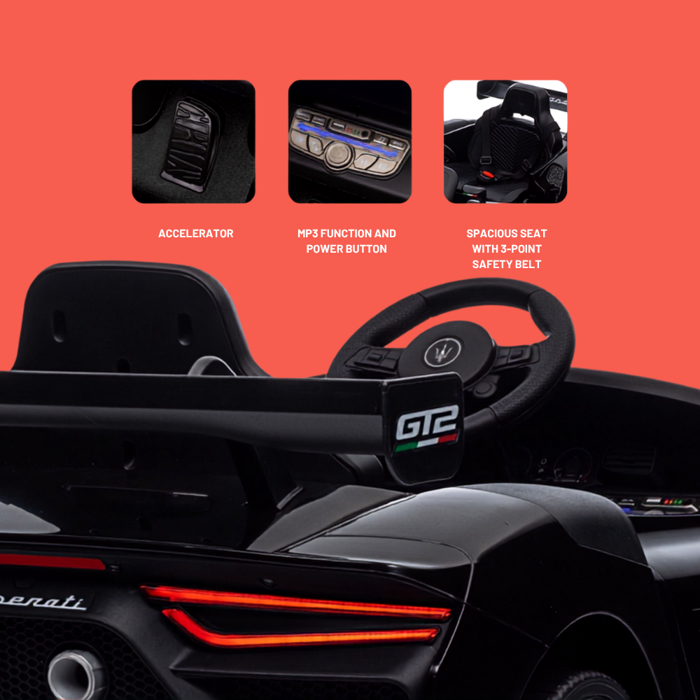Black children's ride-on toy car with a sporty rear spoiler and steering wheel, shown against a coral background with three feature callout panels highlighting the accelerator, MP3 function and power button, and spacious seat with 3-point safety belt.