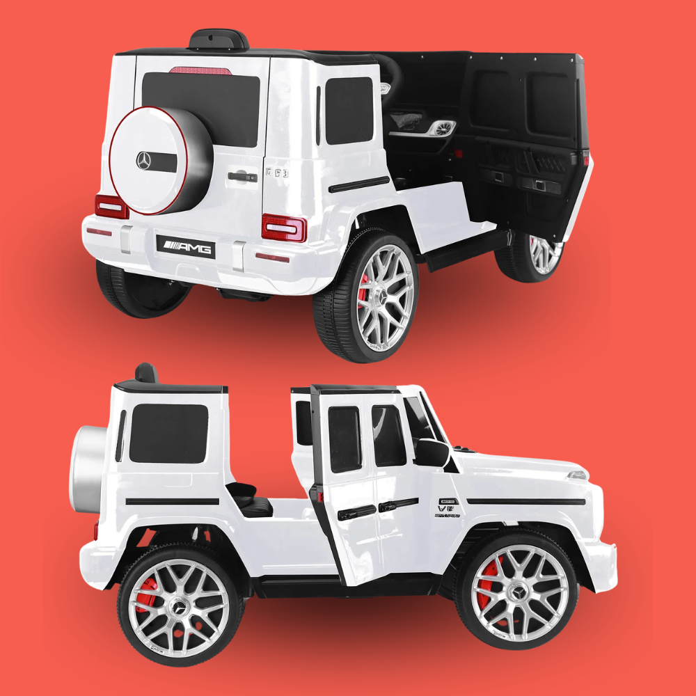 2 different views of Kahuna Mercedes Benz AMG G63 12v Kids Electric Ride On Car w/ Remote Control on orange background