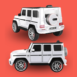 two different views of Kahuna Mercedes Benz AMG G63 12v Kids Electric Ride On Car w/ Remote Control on orange background