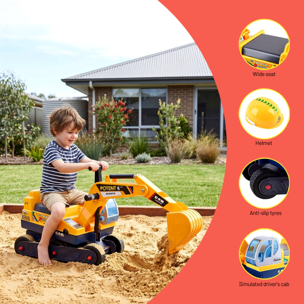 A young boy wearing a striped shirt and shorts is playing with a yellow and black toy excavator in a sandy sandbox in front of a house. The right side of the image features a red graphic overlay with four circular insets highlighting product features: a wide seat, a helmet, anti-slip tyres, and a simulated driver's cab.