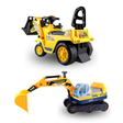 Two children's ride-on toy construction vehicles on a plain white background: a yellow and black toy backhoe loader at the top and a yellow, blue, and gray toy excavator at the bottom. No people, animals, or real environment are present.