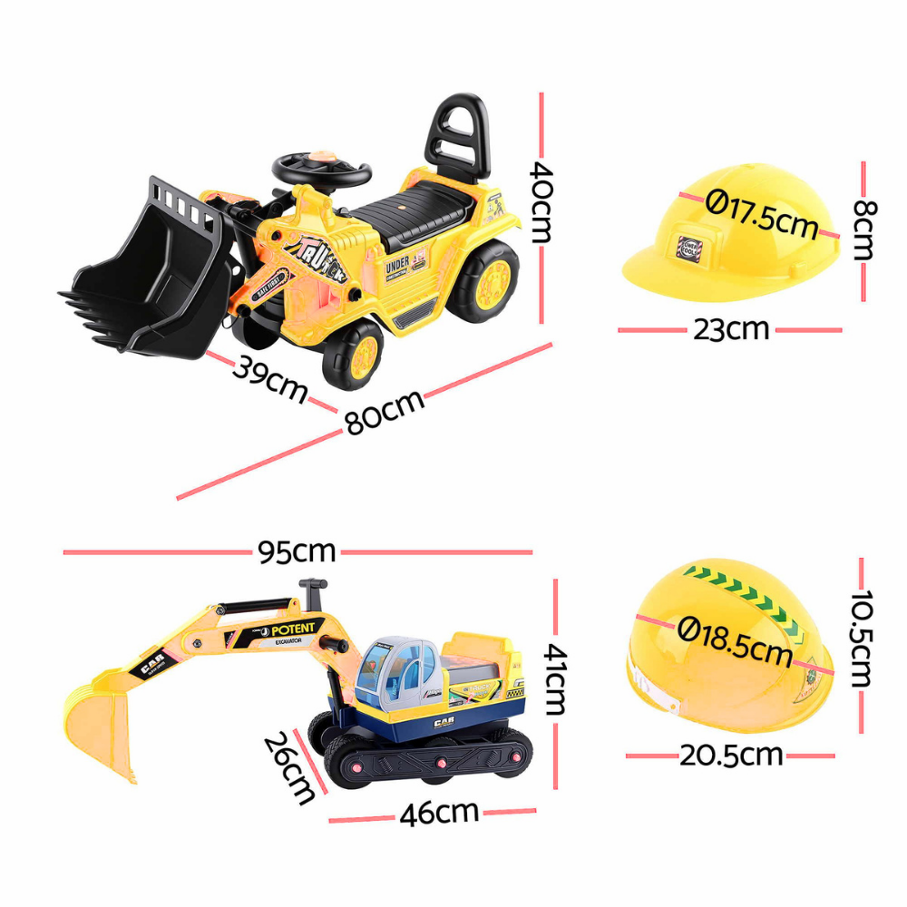Yellow toy construction vehicle set with dimension labels, including a front loader and an excavator, shown with hard hat sizes and measurements on a white background.
