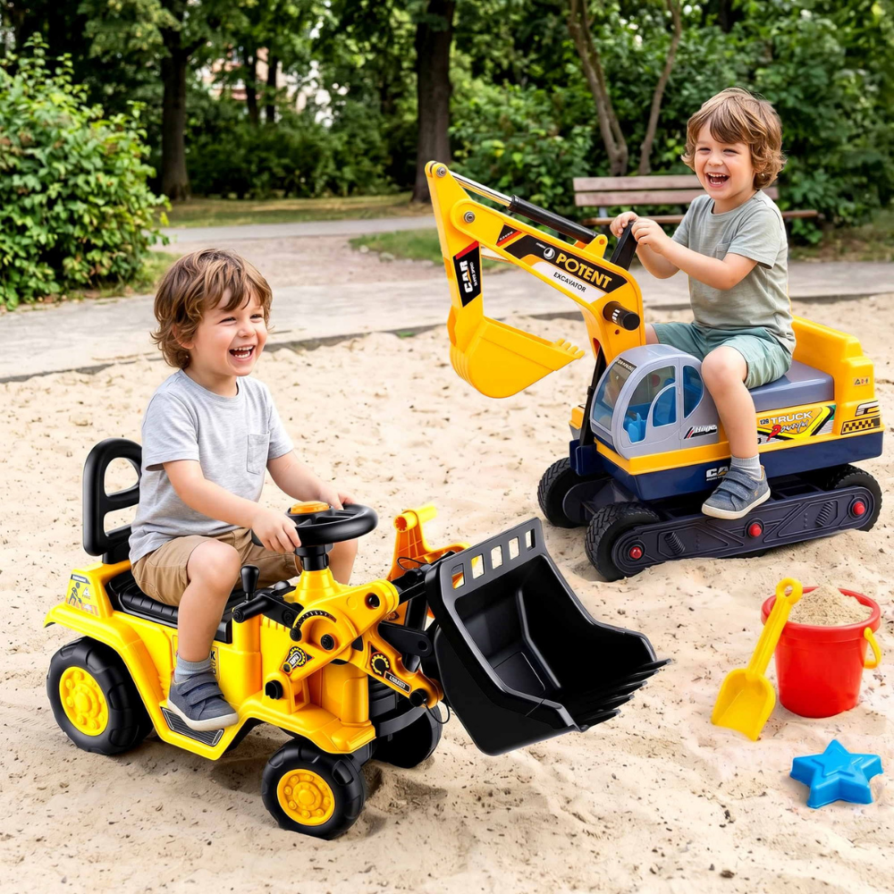 Two children playing with toy excavators in a sandy outdoor area.