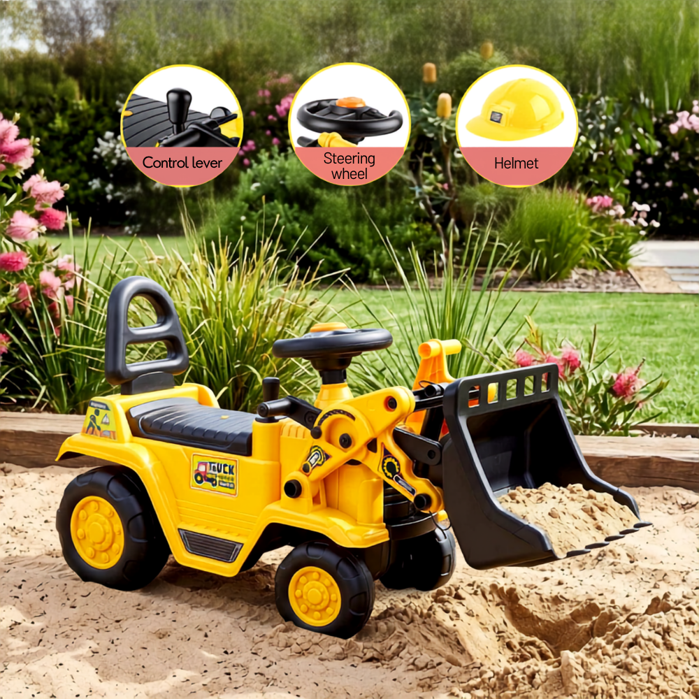 Yellow and black ride-on toy bulldozer with a front bucket, shown in a sandy play area with a garden background. Three circular callout graphics at the top label included parts: a control lever, steering wheel, and helmet.