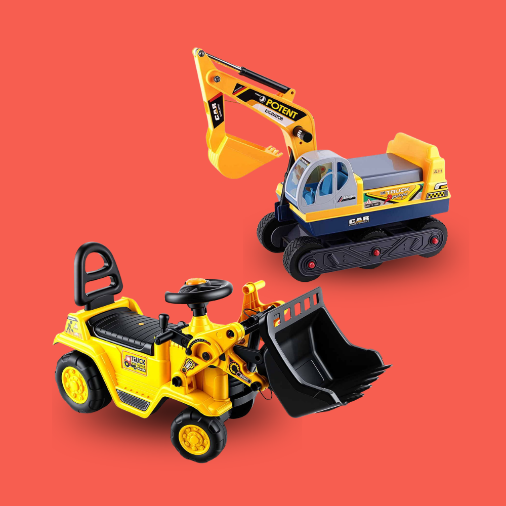 Two toy construction vehicles on a solid coral-red background: a yellow ride-on toy excavator and a yellow ride-on toy backhoe loader with a black front bucket.