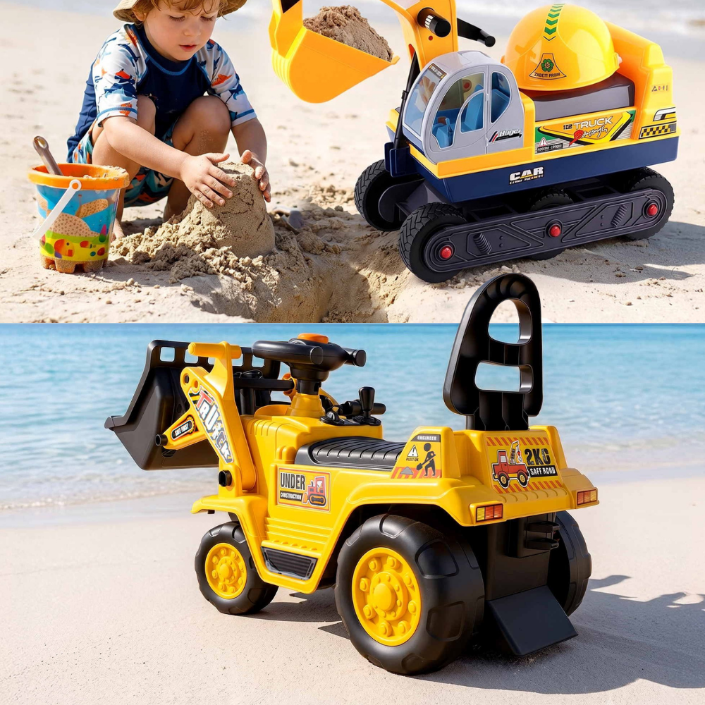 A children's ride-on toy excavator shown in two settings: one top panel on a sandy beach with a child playing nearby, and one bottom panel of the toy alone on the sand. The product is predominantly bright yellow with black and blue details, and the wheels are black with yellow centers.